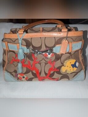Vintage Coach Hampton Limited Edition Signature Satchel with Coral AndFish  1490